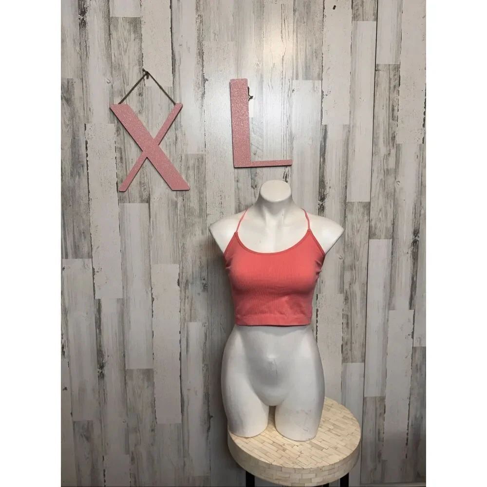 Calsie Coral Ribbed Strappy Crop Top XL | Open Back Criss Cross Stretch Tank